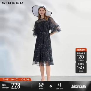 圆领收腰印花网纱泡泡袖 连衣裙S232Z12F1 女装 sdeer圣迪奥夏季