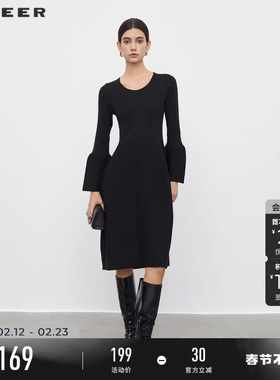 sdeer圣迪奥春秋装女装罗纹圆领喇叭袖针织连衣裙S233Z1289