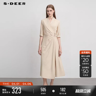 sdeer圣迪奥女装 复古V领收腰垂坠不规则连衣裙S252Z1206 夏季