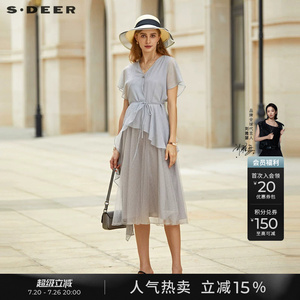 sdeer圣迪奥女装V领收腰网纱垂坠短袖连衣裙S232Z12W5