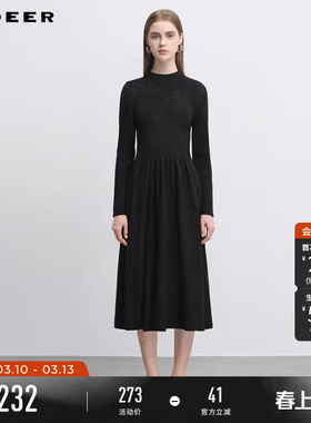sdeer圣迪奥冬装女装罗纹圆领镂空碎褶针织连衣裙S244Z1202