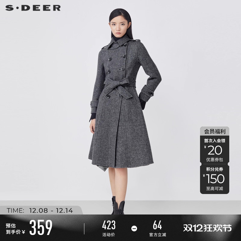 s.deer条纹双排扣收腰毛呢大衣