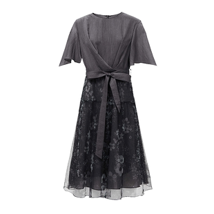 sdeer圣迪奥圆领收腰碎花网纱短袖连衣裙S242Z12F4