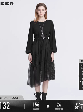 sdeer圣迪奥春装女装圆领收腰网纱蕾丝灯笼袖连衣裙S22181207