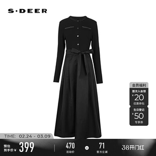 sdeer圣迪奥冬季女装法式圆领收腰拼接长袖连衣裙S244Z1245
