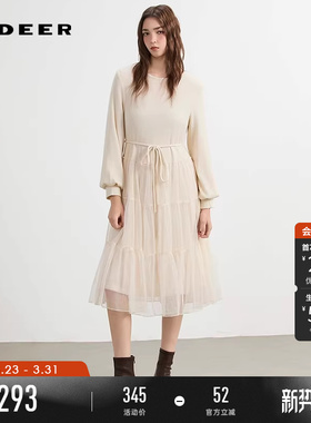 sdeer圣迪奥女装25年新品时尚圆领收腰网纱连衣裙S254Z1201