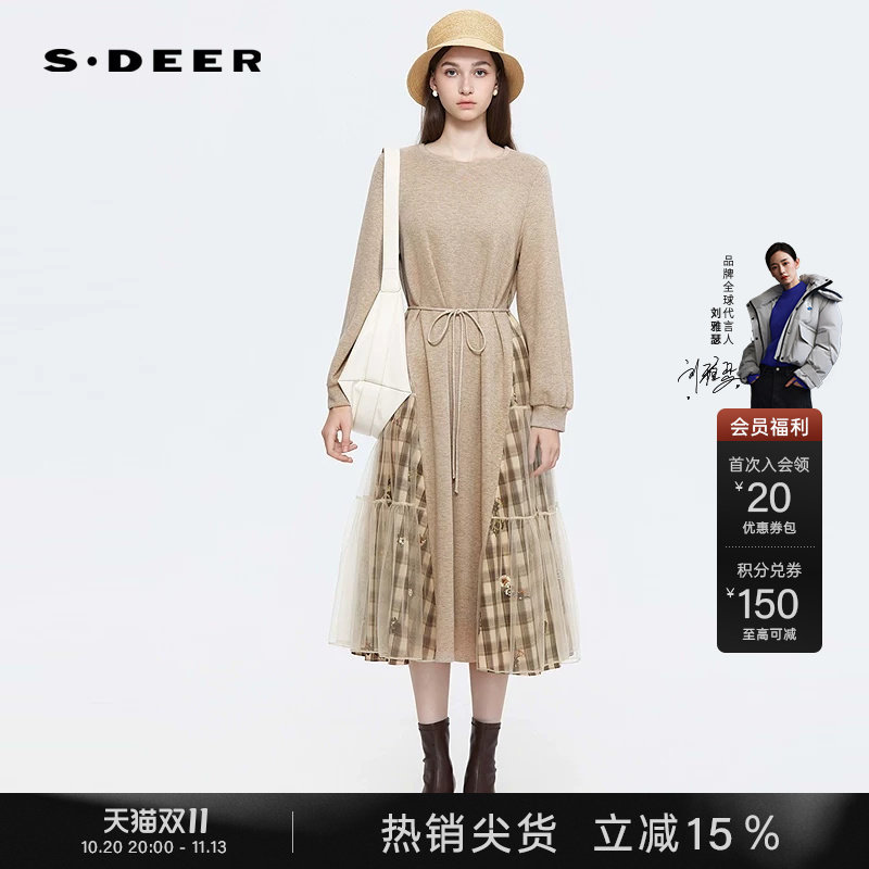 sdeer圣迪奥女装秋装优雅圆领收腰格纹网纱连衣裙S25361203