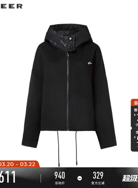 sdeer圣迪奥冬季女装高领连帽格子胸针羽绒毛呢夹克S24482206