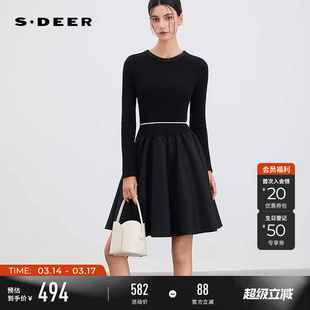 sdeer圣迪奥女装春装优雅圆领针织拼接网纱连衣裙S254Z1210