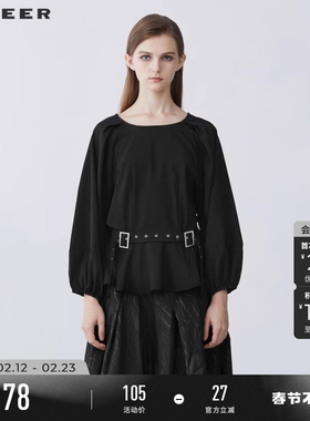 sdeer圣迪奥女装春秋装休闲圆领收腰通勤灯笼袖衬衫女S21380536