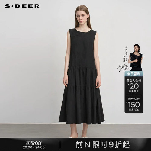 sdeer复古盘扣碎褶无袖连衣裙