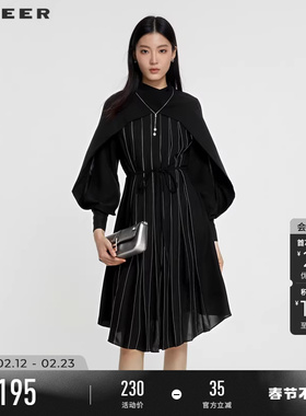 sdeer圣迪奥春装女装立领条纹收腰灯笼袖连衣裙S231Z1269