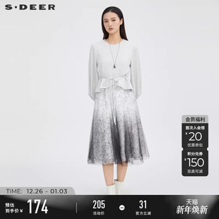 S223Z1432 圆领收腰印花网纱连衣裙套装 sdeer圣迪奥秋季 女装