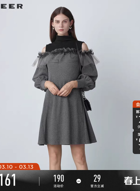 sdeer圣迪奥春装中高领抽褶网纱拼接宽松连衣裙女S221Z1260