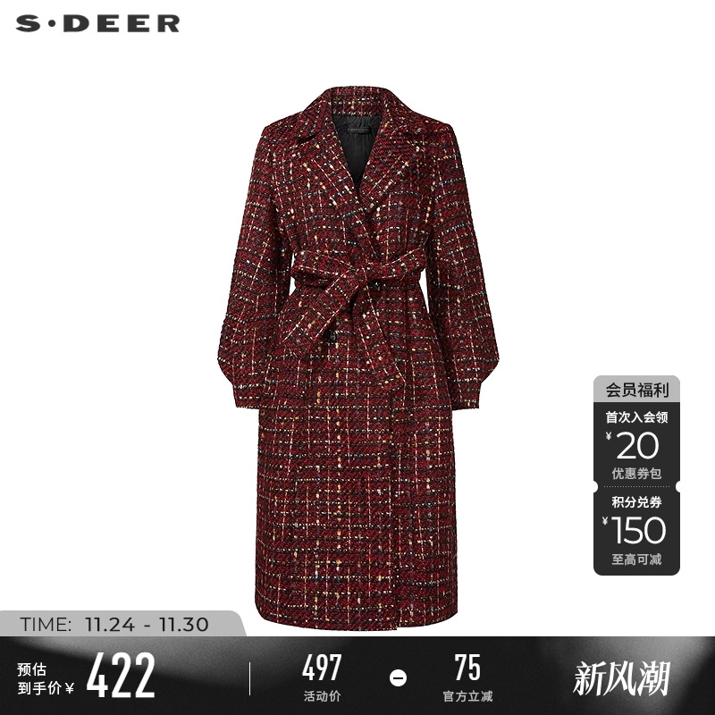 sdeer西装领格纹灯笼袖羽绒服