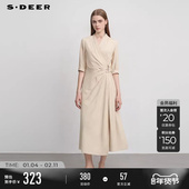 sdeer圣迪奥女装 夏装 复古V领收腰垂坠不规则连衣裙S252Z1206