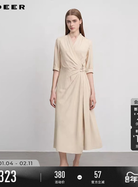 sdeer圣迪奥女装25年新品复古V领收腰垂坠不规则连衣裙S252Z1206