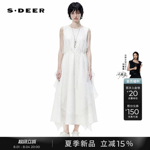 sdeer圣迪奥26年夏季新品网纱拼接荷叶边白色无袖连衣裙S262Z1249