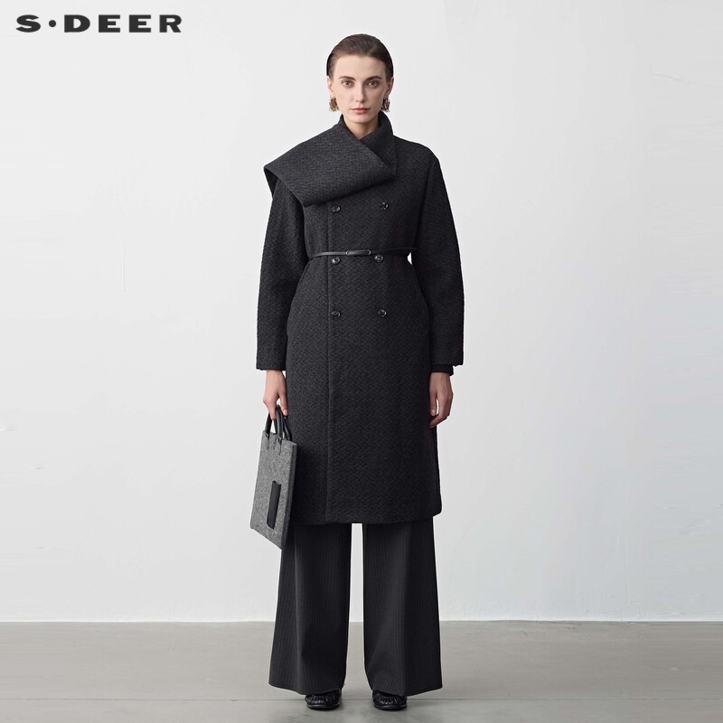 s.deer收腰毛呢长款大衣