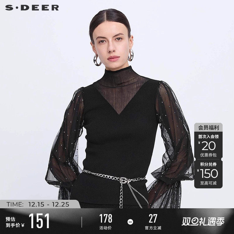 s.deer镂空波点网纱泡泡袖针织衫
