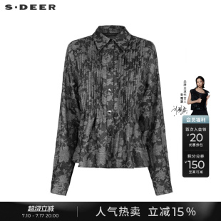 sdeer圣迪奥秋装女装复古翻领风琴褶印花长袖衬衫S241Z0512