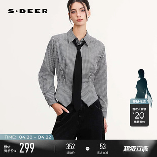 sdeer圣迪奥女装26年新品学院风翻领系带格纹不规则衬衫S261Z0504