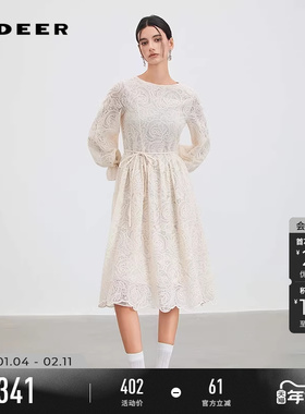sdeer圣迪奥女装25年新品圆领绣花蕾丝网纱灯笼袖连衣裙S253Z12B3