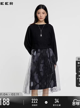 sdeer圣迪奥春装女装圆领收腰晕染网纱连衣裙套装S231Z1402