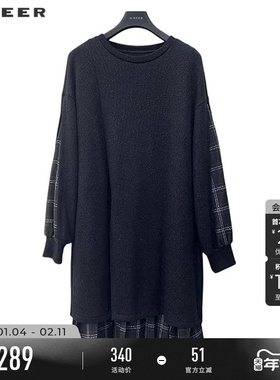 sdeer圣迪奥女装时尚圆领撞色格纹针织拼接连衣裙S244Z1260