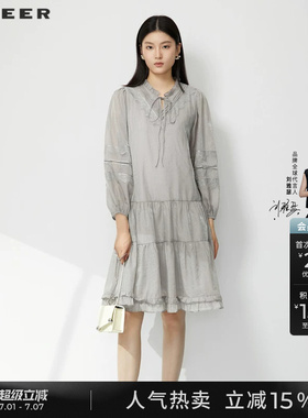 sdeer圣迪奥夏季女装甜美木耳边系带长袖连衣裙S232Z12J6