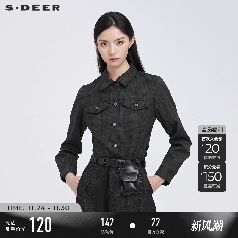 s.deer休闲格纹不规则衬衫