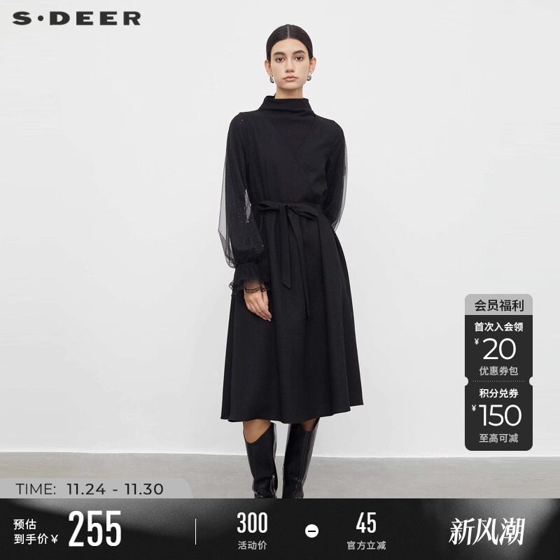 s.deer收腰网纱拼接花边连衣裙