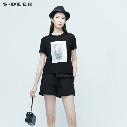 sdeer圣迪奥女装夏季上衣条纹印花短袖黑色基础短袖T恤S20280112