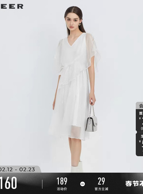 sdeer圣迪奥夏春秋装女装小白裙V领露肩甜美约会连衣裙S223Z12V1
