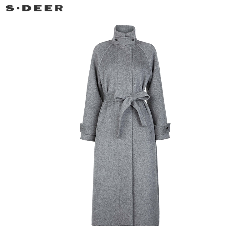 sdeer时尚立领收腰长款毛呢大衣