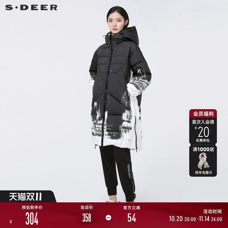 sdeer连帽字母印花长款羽绒服