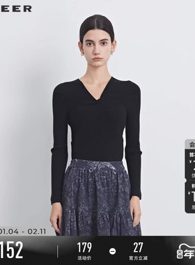 sdeer圣迪奥春秋装女装V领交叉拼接修身针织衫S233Z3570