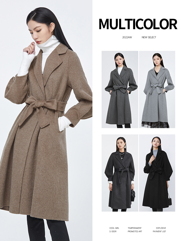 sdeer收腰黑色毛呢外套羊毛大衣