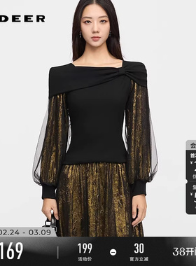 sdeer圣迪奥女装春秋装复古不规则肌理网纱针织T恤S253Z0201