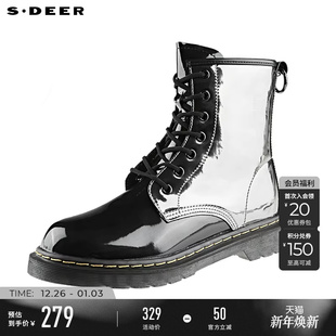sdeer圣迪奥女装 系带拼接漆皮亮面马丁靴S21483936 冬季