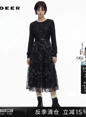 sdeer圣迪奥冬装女装优雅圆领肌理收腰网纱连衣裙S234Z12E9