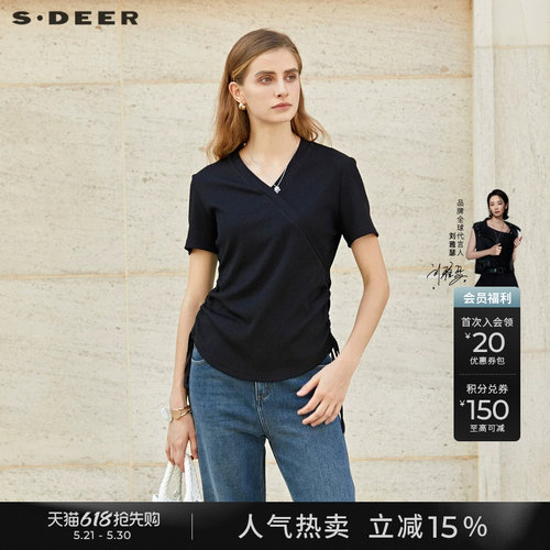 s.deerV领斜襟抽绳拼接短袖T恤