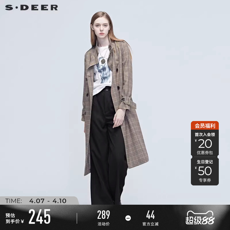 sdeer圣迪奥女装春秋装时尚格纹拼接收腰长款风衣外套S20381820