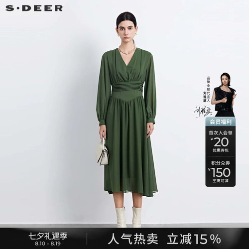s.deer压褶垂坠雪纺长袖连衣裙