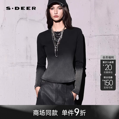 sdeer波嬉风圆领撞色晕染长袖T恤