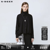 sdeer圣迪奥冬装 S21480523 黑色衬衫 女装 高领针织拼接落肩短款