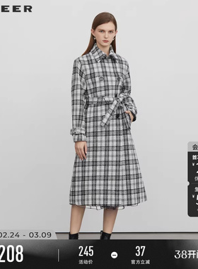 sdeer圣迪奥秋冬装女装翻领收腰撞色格纹毛呢大衣S224Z2525