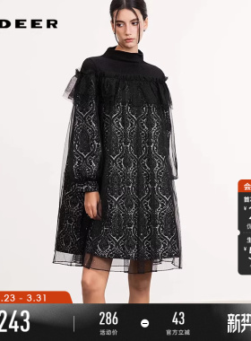 sdeer圣迪奥冬装女装半高领网纱抽褶印花连衣裙S244Z12A4