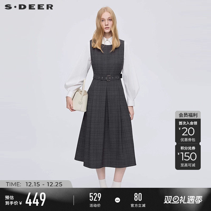 sdeer翻领格纹收腰衬衫连衣裙