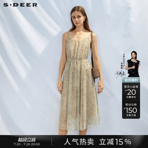 sdeer圣迪奥夏季女装V领印花收腰网纱吊带连衣裙S23281226